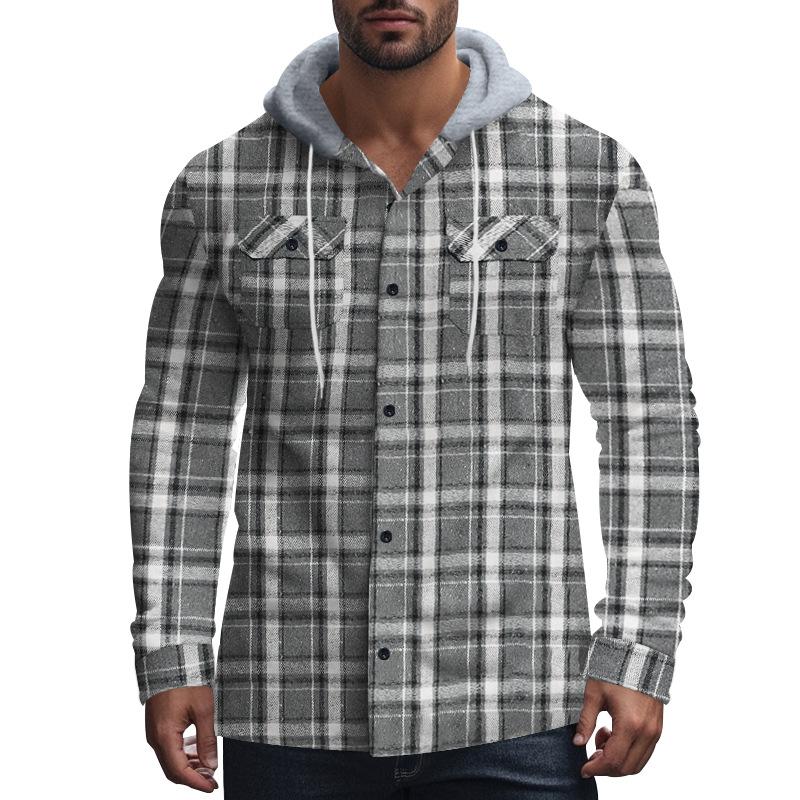 Men's Casual Plaid Hooded Flannel Multi-Pocket Shirt Jacket 69038680X