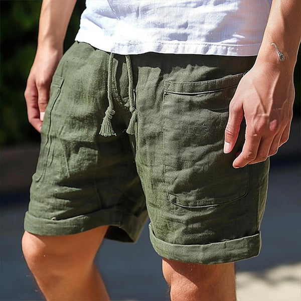 Men's Casual Cotton and Linen Blend Patch Pocket Elastic Waist Shorts 75555492M