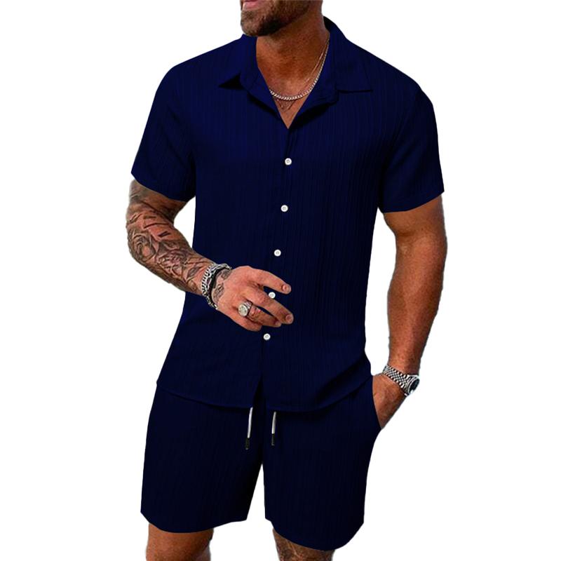 Men's Solid Color Striped Lapel Short Sleeve Shorts Casual Set  63428764X