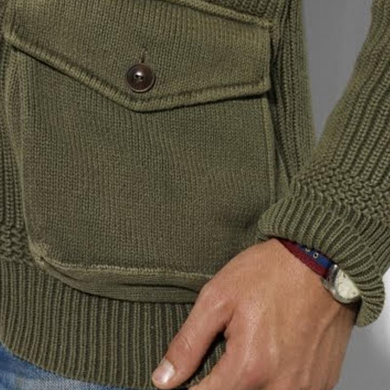 Men's Solid Color Lapel Multi-pocket Knitted Jacket 91258321X