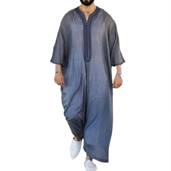 Men's Loose Embroidered Cotton Linen Muslim Thin Robe 75992726Y