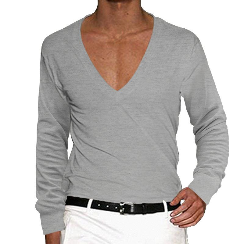 Men's Casual V Neck Solid Color Slim Long Sleeve T-Shirt 11701217M