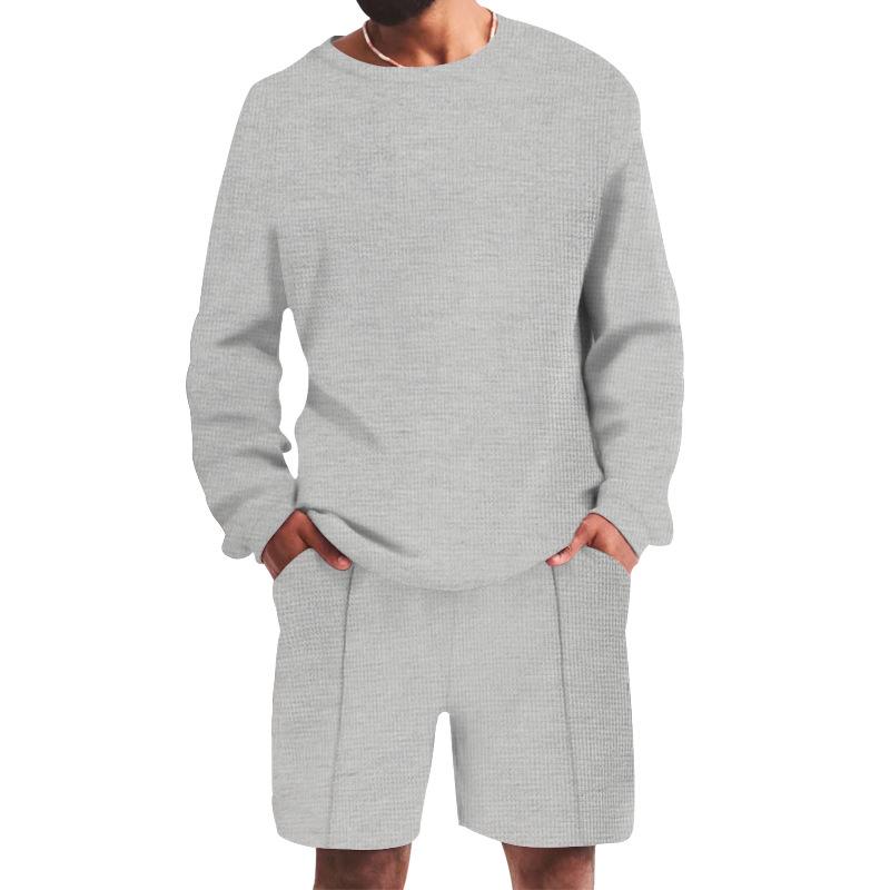 Men's Casual Sports Solid Color Waffle Round Neck Long Sleeve Hoodie Shorts Set 91439062M