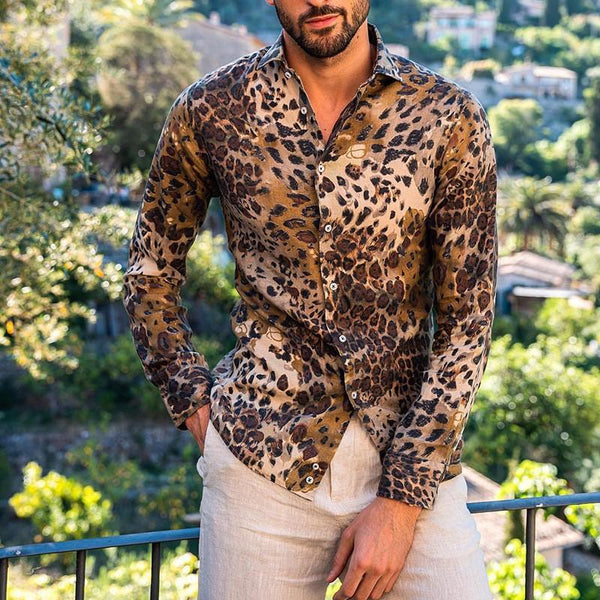 Men's Casual Leopard Print Lapel Long Sleeve Shirt 59959023Y