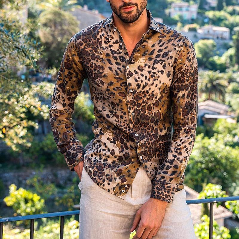 Men's Casual Leopard Print Lapel Long Sleeve Shirt 59959023Y