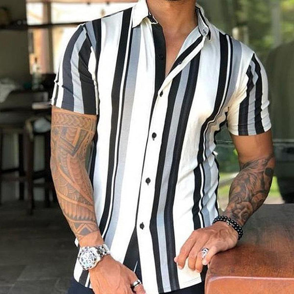 Men's Casual Striped Lapel Short Sleeve Shirt 28157329TO