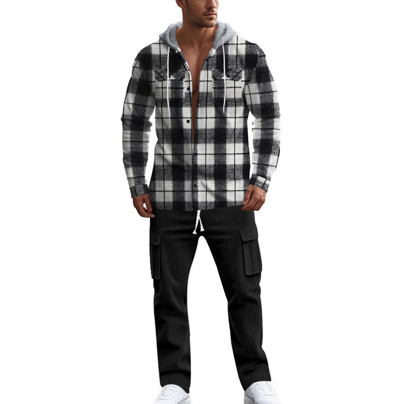 Men's Casual Hooded Flannel Long Sleeve Shirt Corduroy Casual Pants Set 80387542K