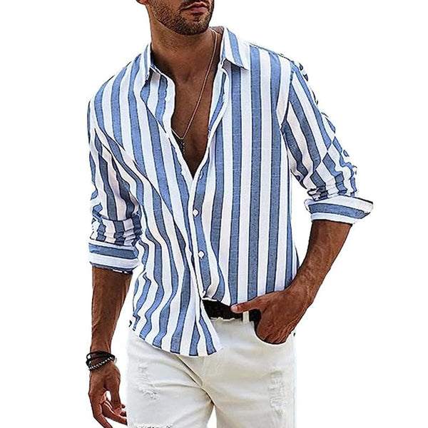 Men's Casual Striped Print Lapel Long Sleeve Shirt 44052774Y
