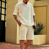 Men's Casual Solid Color Round Neck Loose Short Sleeve T-shirt Elastic Waist Shorts Set 95192412M