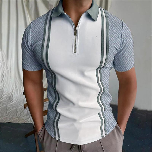 Men's Printed Striped Short Sleeve Zip-up Polo Shirt 10336923X