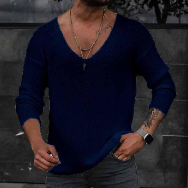 Men's Casual Solid Color V Neck Long Sleeve Knitted Sweater 50835474M