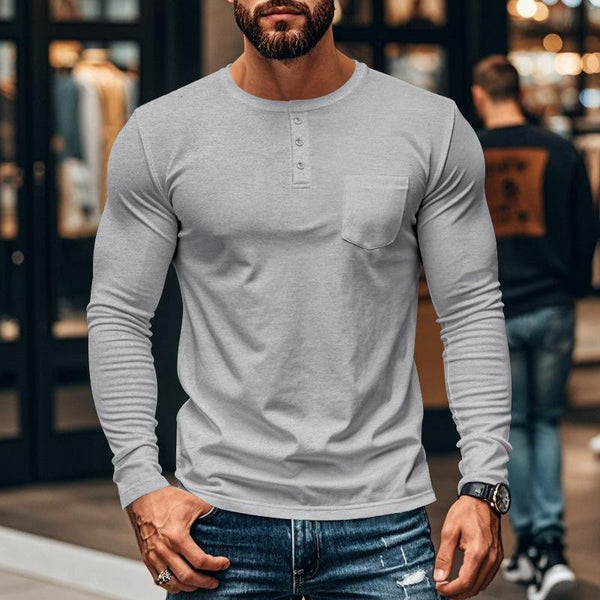 Men's Casual Crew Neck Cotton Blend Patch Pocket Long Sleeve T-Shirt 57193134M