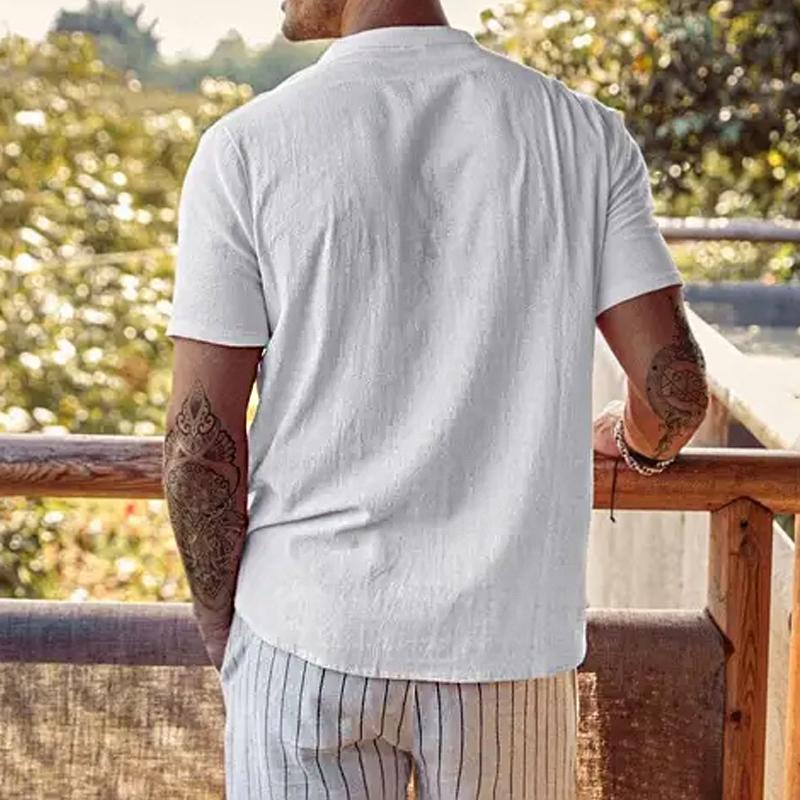 Men's Casual Loose Solid Color V Neck Chest Pocket Short Sleeve Shirt 05403253Y