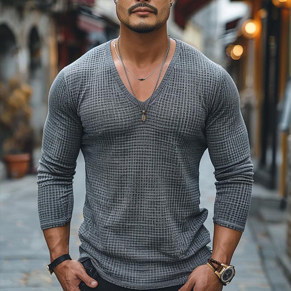 Men's Casual V-neck Waffle Slim Fit Long Sleeve T-shirt 89721773M