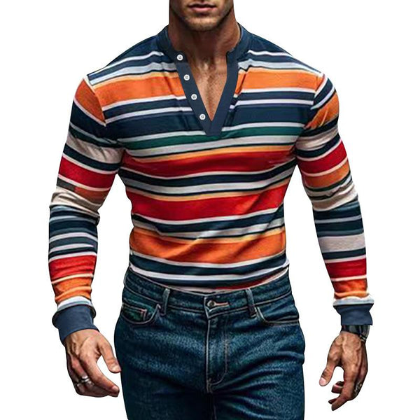 Men's Colorblock Striped Henley Collar Long Sleeve Casual T-shirt 43909825Z