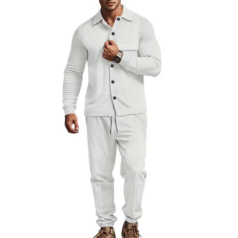 Men's Casual Jacquard Lapel Long Sleeve Shirt Sports Pants Set 76243885M