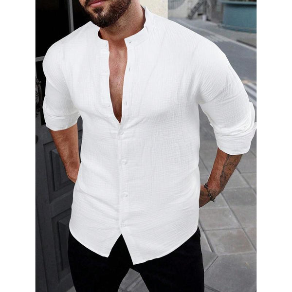 Men's Casual Solid Color Stand Collar Long Sleeve Shirt 01735835Y