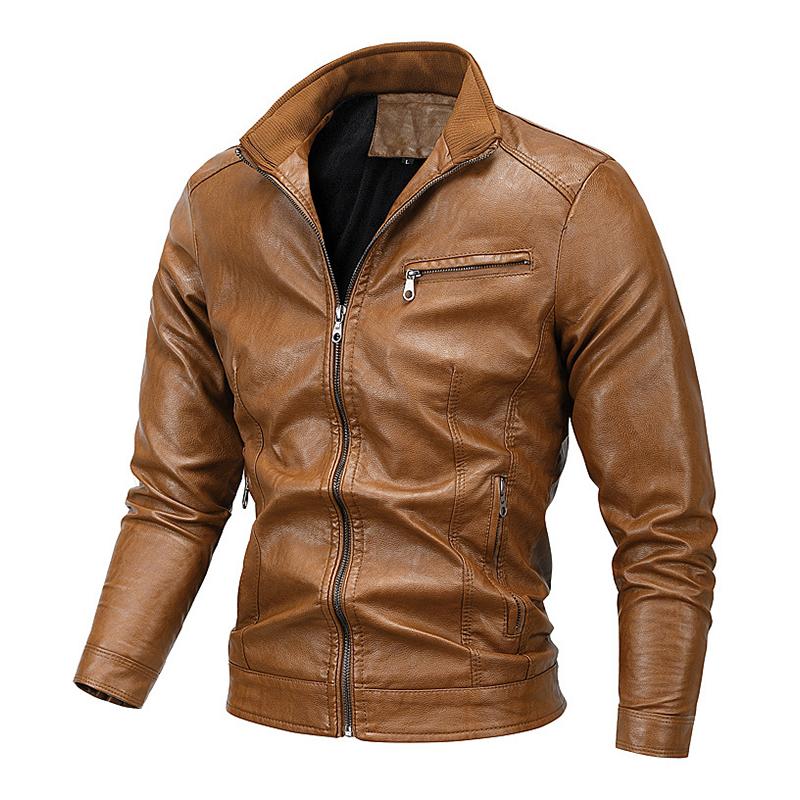 Men's Vintage Stand Collar Velvet Zipper Motorcycle Leather Jacket 80627391M
