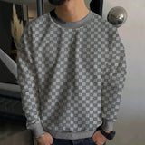 Men's Knitted Jacquard Checkerboard Round Neck Casual Long Sleeve Sweater 02678450X