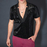 Men's Solid Color Sequined V-Neck Short-Sleeved T-Shirt 70280679Y
