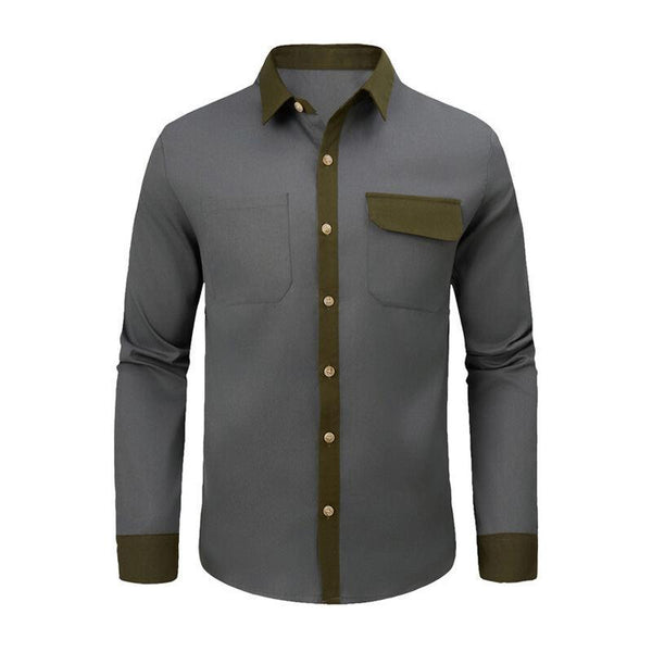 Men's Casual Colorblock Lapel Double Pocket Slim Fit Long Sleeve Shirt 88716368M