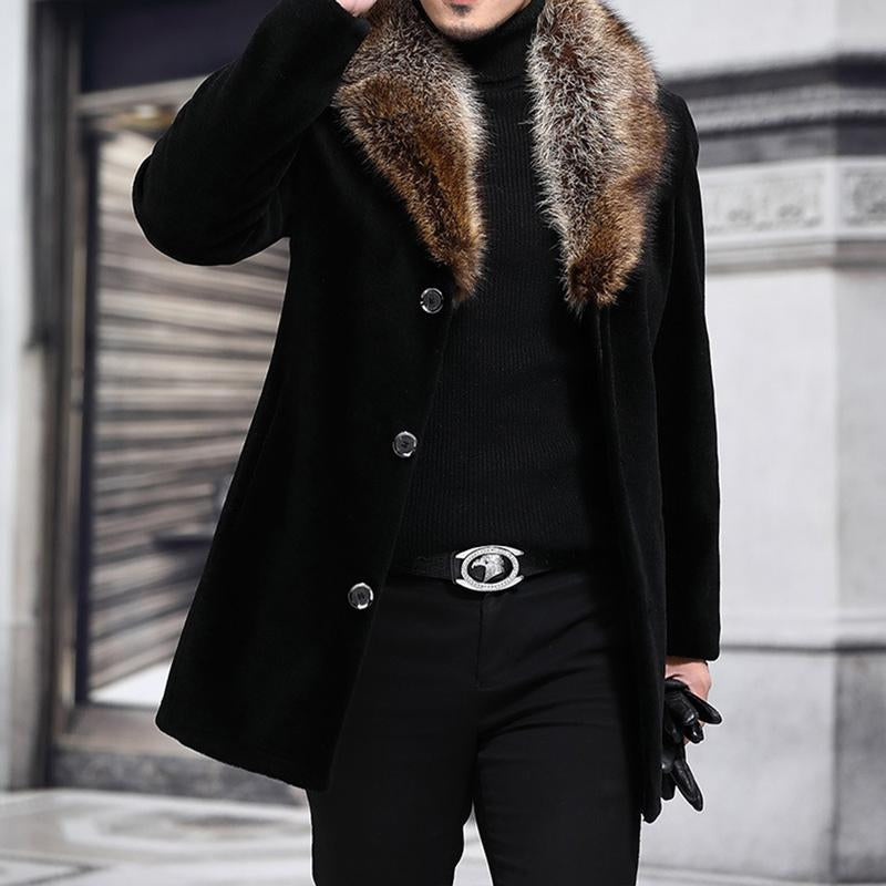 Men's Fur Collar Single Breasted Mid-length Coat 06127353U