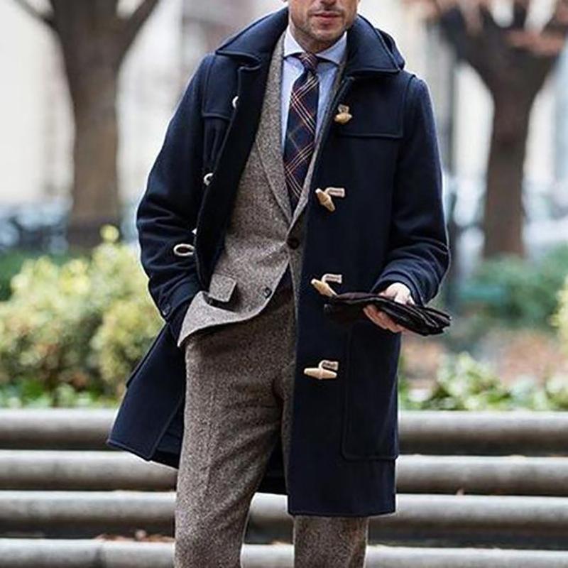 Men's Vintage Classic Lapel Horn Button Mid-Length Coat 62465421M