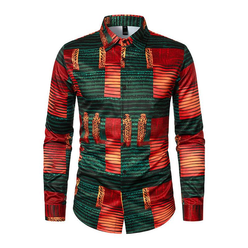 Men's Vintage African Print Lapel Long Sleeve Shirt 82083589M