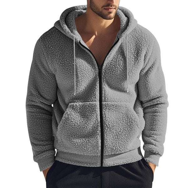 Men's Solid Loose Plush Hooded Zipper Casual Jacket 90610400Z