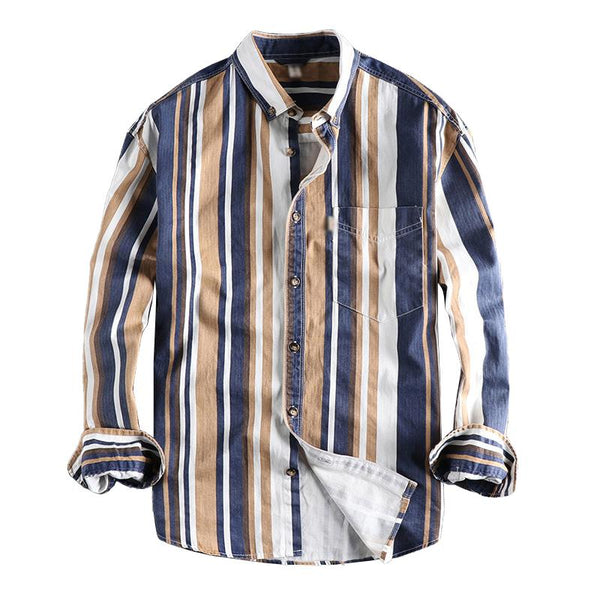 Men's Retro Color Striped Cotton Loose Lapel Long Sleeve Shirt 08469564M