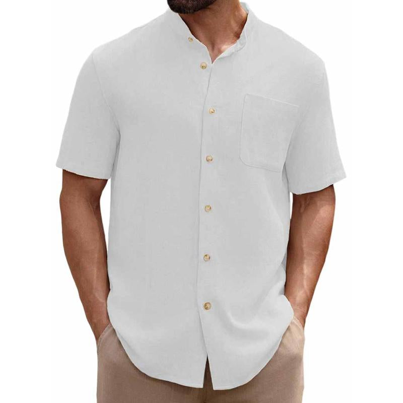 Men's Solid Color Stand Collar Chest Pocket Short Sleeve Shirt 76869423Y