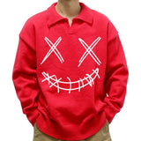Men's Casual Polo Collar Smiley Print Long Sleeve Pullover Sweater 06071095M