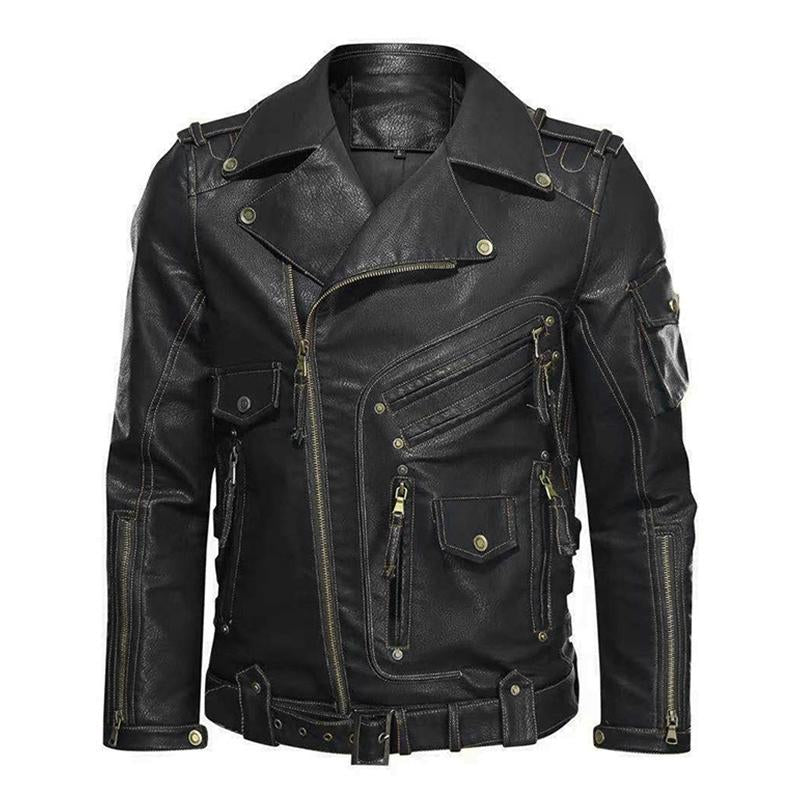 Men's Vintage Punk Lapel Patchwork Multi-pocket Zipper Leather Jacket 27872818M