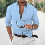 Men's Long Sleeve Colorblock Cotton Linen Lapel Shirt 89403853X