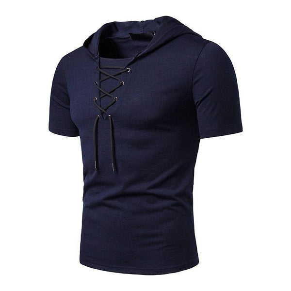Men's Casual Cotton Blended Lace-Up Hooded Slim Fit Short Sleeve T-Shirt 31932609M