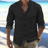 Men's Casual Contrast Color Cotton And Linen Lapel Long-Sleeved Shirt 73140152Y