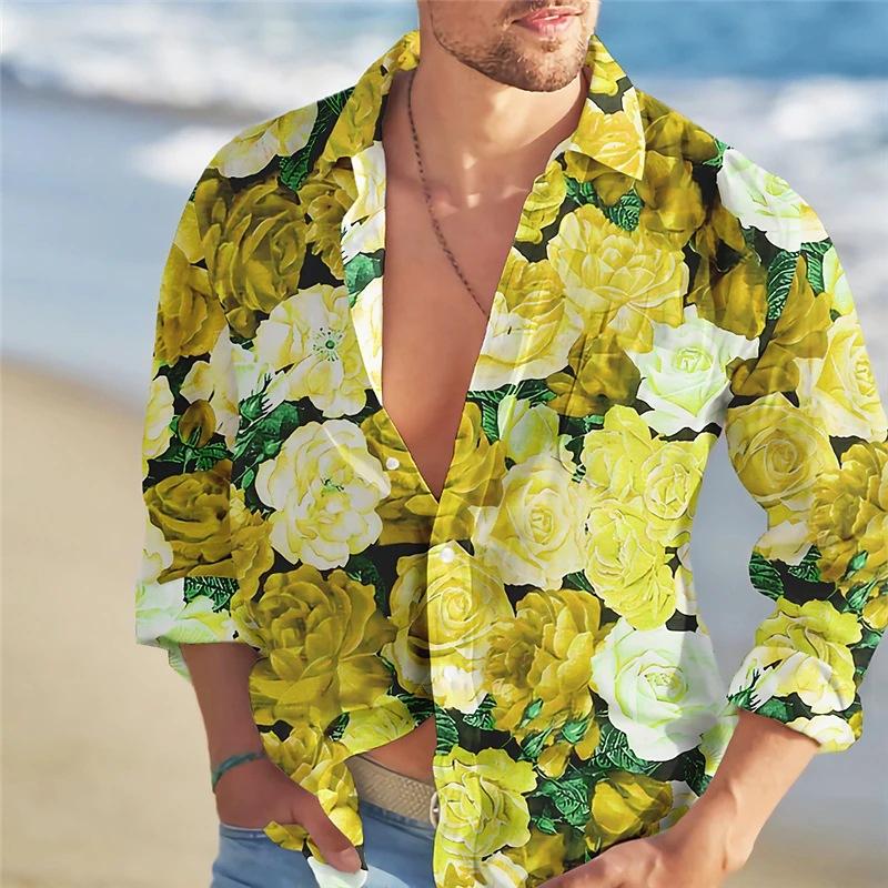 Men's Hawaiian Loose Rose Print Lapel Long Sleeve Shirt 82228008X