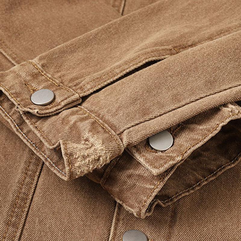 Men's Vintage Washed Ripped Lapel Single Breasted Loose Denim Jacket 37773558M