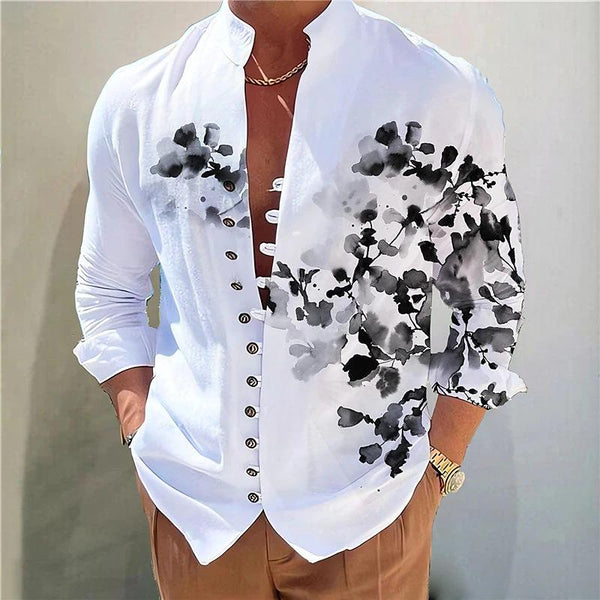 Men's Casual Stand Collar Floral Printed Button Long Sleeve Shirt 30928511M