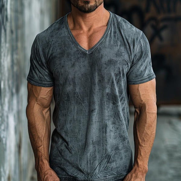 Men's Retro V-neck Distressed Printed Slim Short-sleeved T-shirt 63059727M