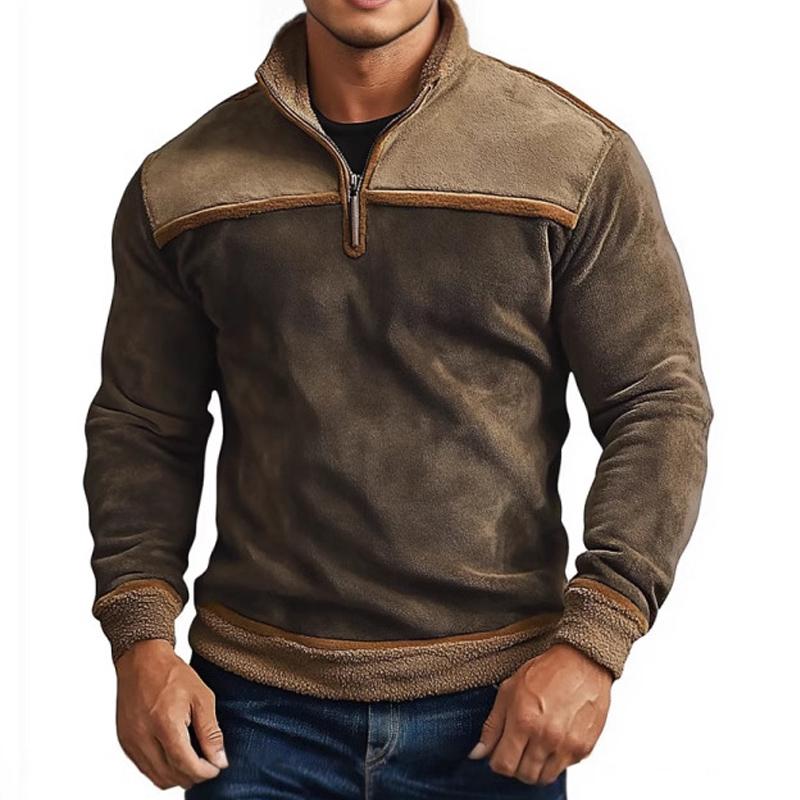 Men's Retro Stand Collar Splicing Fleece Sweatshirt 79771774U