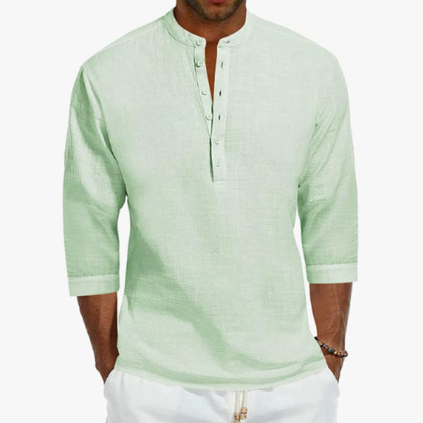 Men's Casual Solid Color Stand Collar Linen 3/4 Sleeve Shirt 02658028M