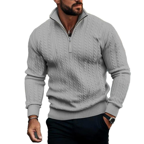Men's Casual Solid Color Cable Zip Half Turtle Neck Long Sleeve Sweater 12996948Y