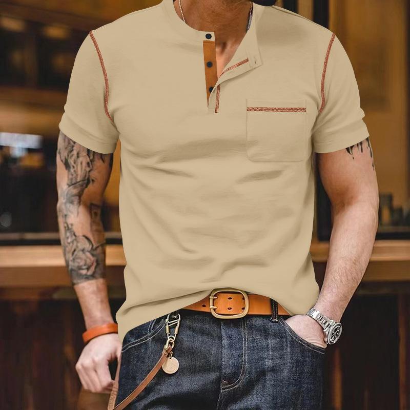 Men's Casual Colorblock Henley Collar Slim Fit Short Sleeve T-Shirt 07925648M