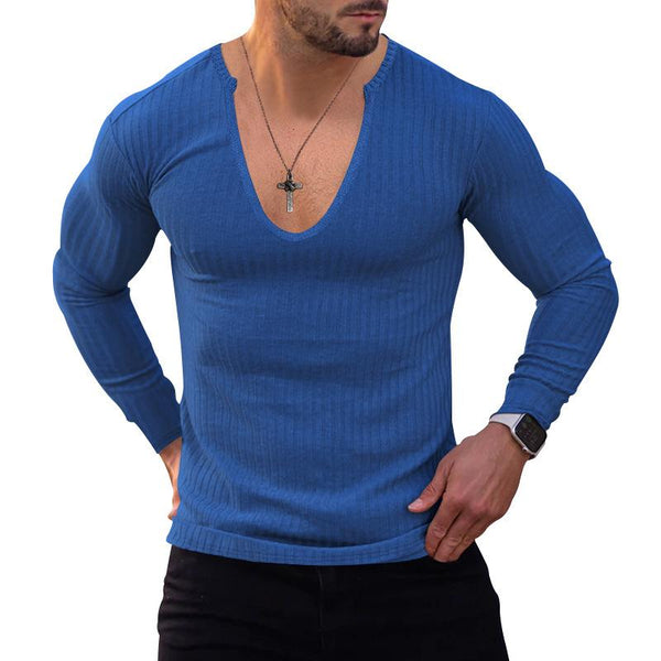 Men's Casual Deep V Neck Solid Color Knit Long Sleeve T-Shirt 86193765Y