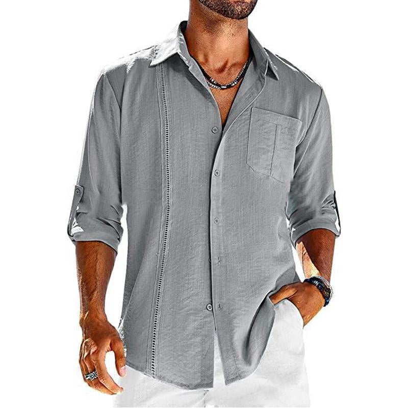 Men's Casual Solid Color Breast Pocket Lapel Long Sleeve Shirt 13592956Y