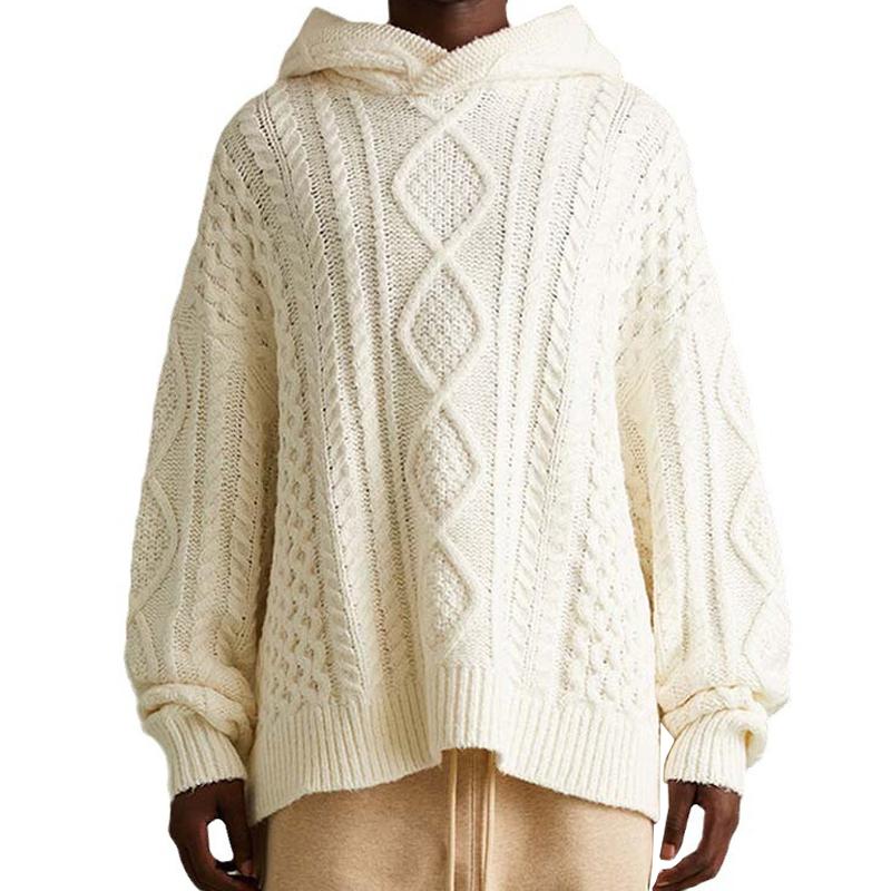 Men's Vintage Jacquard Loose Hooded Knitted Pullover Sweater 32473843M