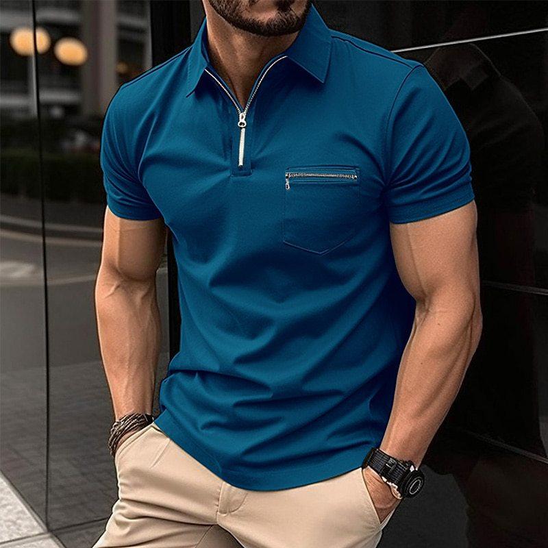 Men's Casual Solid Color Zipper Chest Pocket POLO Shirt 88005844Y