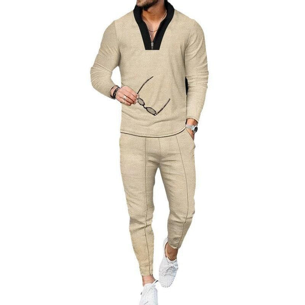 Men's Casual Waffle Long Sleeve Stand Collar Sports Set 63417199F