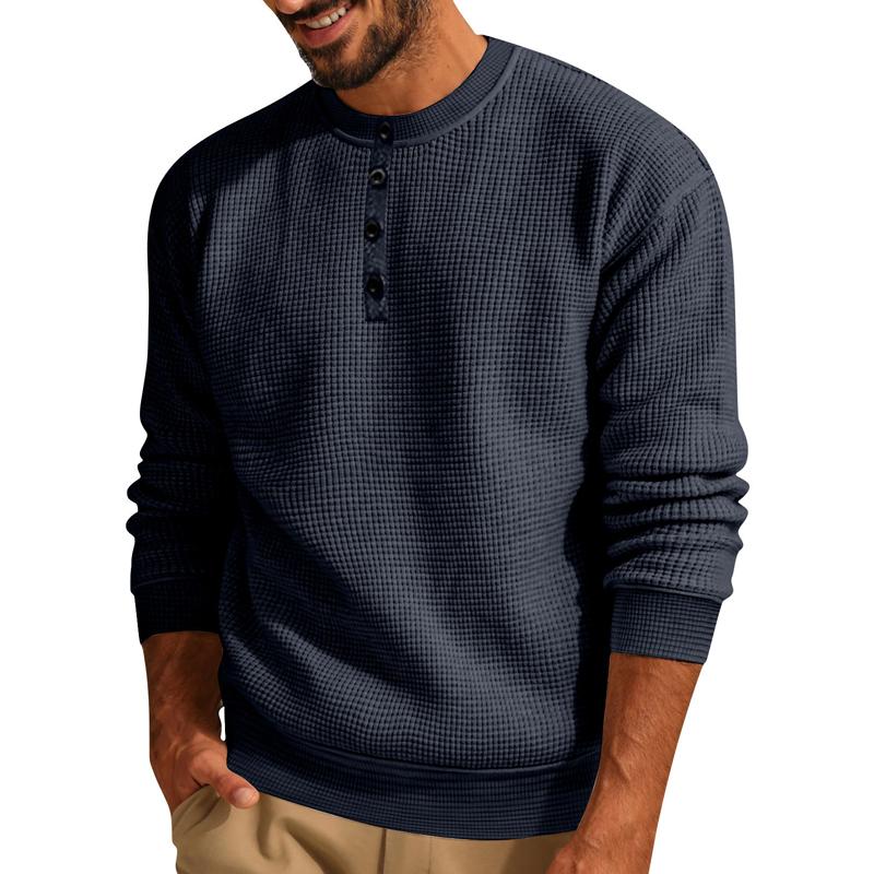 Men's Loose Crew Neck Waffle Henley Sweatshirt 92516898X